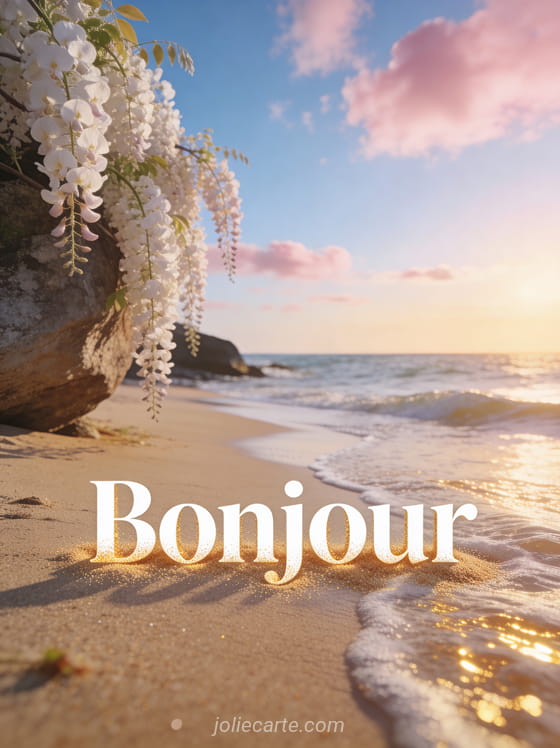 Plage de sable fin au soleil couchant avec vagues douces, glycine blanche en cascade depuis un rocher côtier, ciel bleu et nuages roses, texte Bonjour