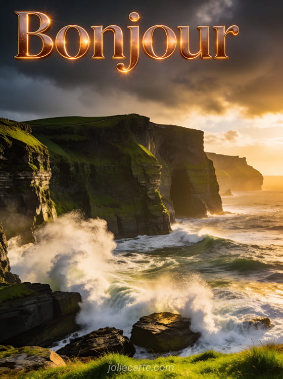Falaises vertes d'Irlande avec vagues puissantes sur les rochers, lumière cuivrée intense de fin de journée, herbe verte éclatante, texte Bonjour en lettres cuivrées