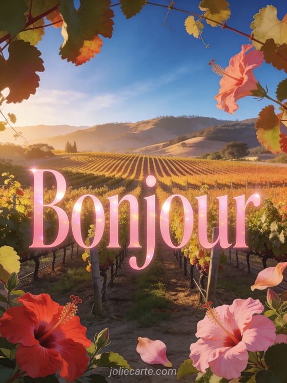 Vignoble de la Napa Valley avec rangs de vigne dorés au soleil couchant, hibiscus rouges et roses au premier plan, ciel bleu profond, texte Bonjour rose