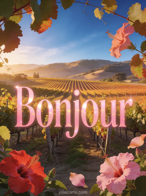 Vignoble de la Napa Valley avec rangs de vigne dorés au soleil couchant, hibiscus rouges et roses au premier plan, ciel bleu profond, texte Bonjour rose