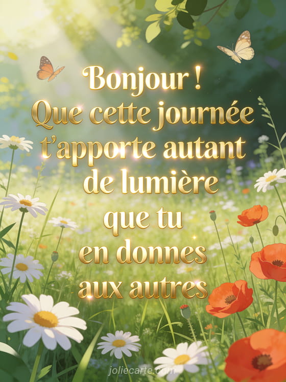 Clairière fleurie baignée de lumière avec rayons de soleil à travers le feuillage, marguerites et coquelicots dans l'herbe haute, papillons en vol, texte Bonjour doré