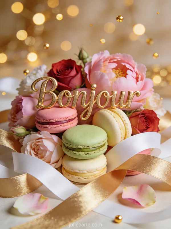 Composition élégante de macarons colorés avec fleurs fraîches et rubans de satin, lumière chaude de fête avec points lumineux dorés flottants, texte Bonjour festif