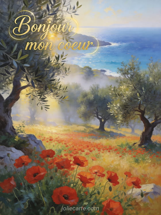 Oliveraie en Grèce avec coquelicots rouges et vue sur la mer Égée avec le texte Bonjour mon coeur en lettres dorées
