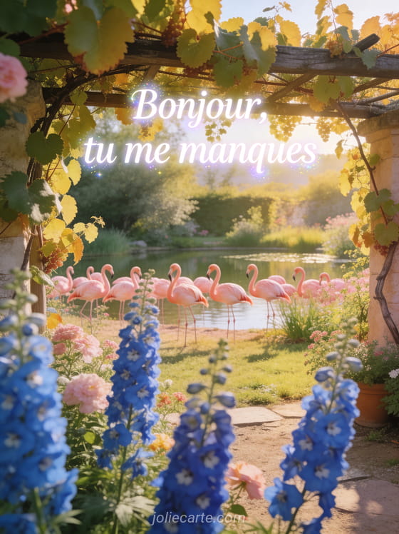 Treille de vigne dans un jardin du sud avec flamants roses près d'un étang et delphiniums bleus avec le texte Bonjour tu me manques