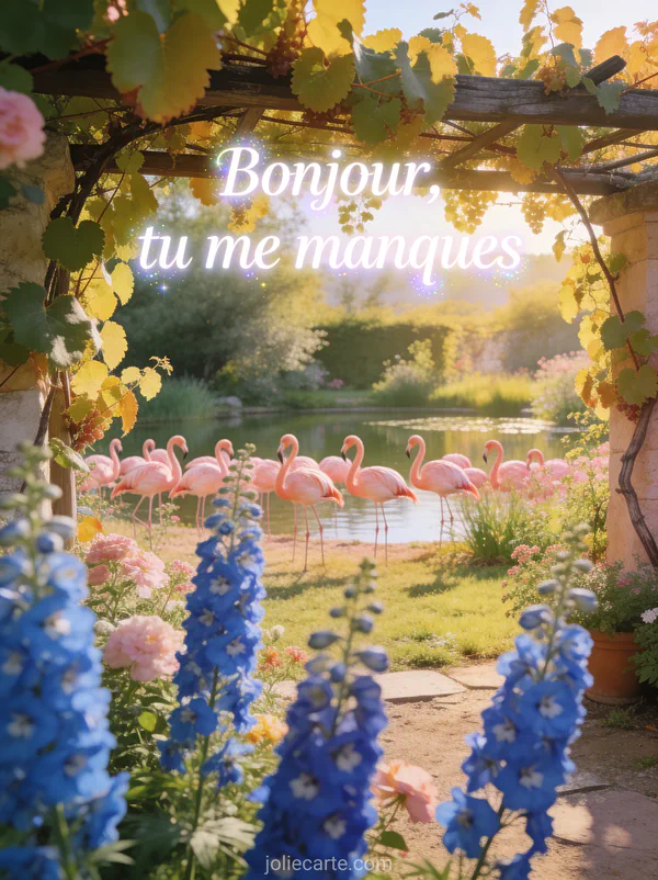 Treille de vigne dans un jardin du sud avec flamants roses près d'un étang et delphiniums bleus avec le texte Bonjour tu me manques
