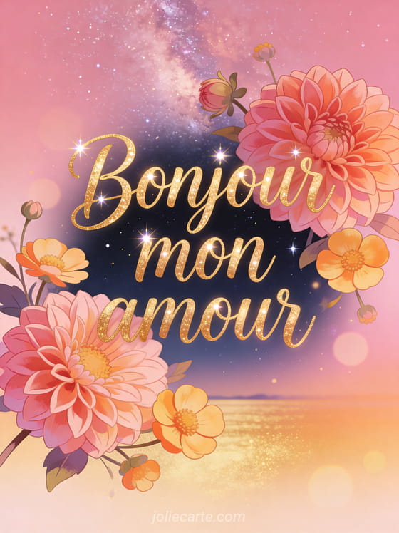Composition de dahlias et renoncules roses et orangés avec fond doré et voie lactée avec le texte Bonjour mon amour en calligraphie dorée