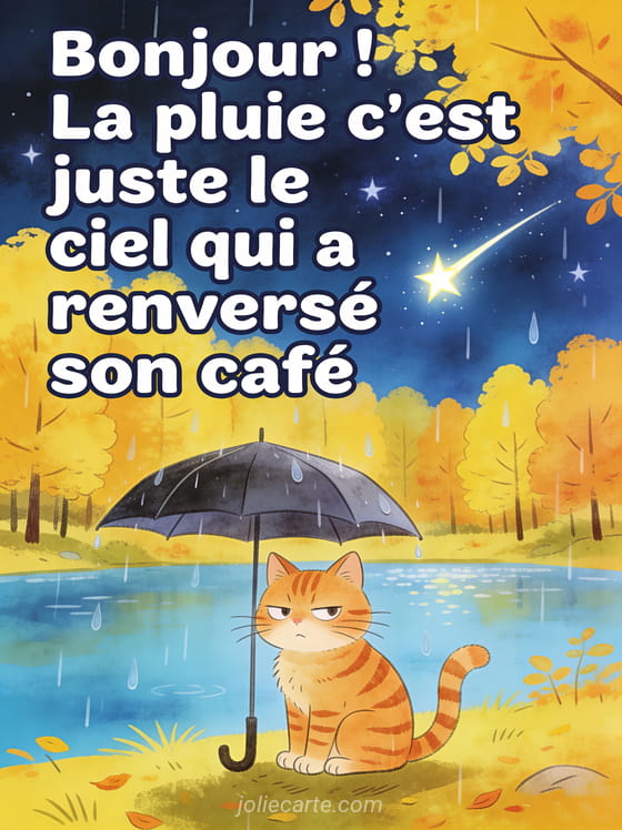 Chat roux tigré assis sous un parapluie trop petit avec un air blasé au bord d'un lac en forêt automnale sous la pluie en illustration humoristique