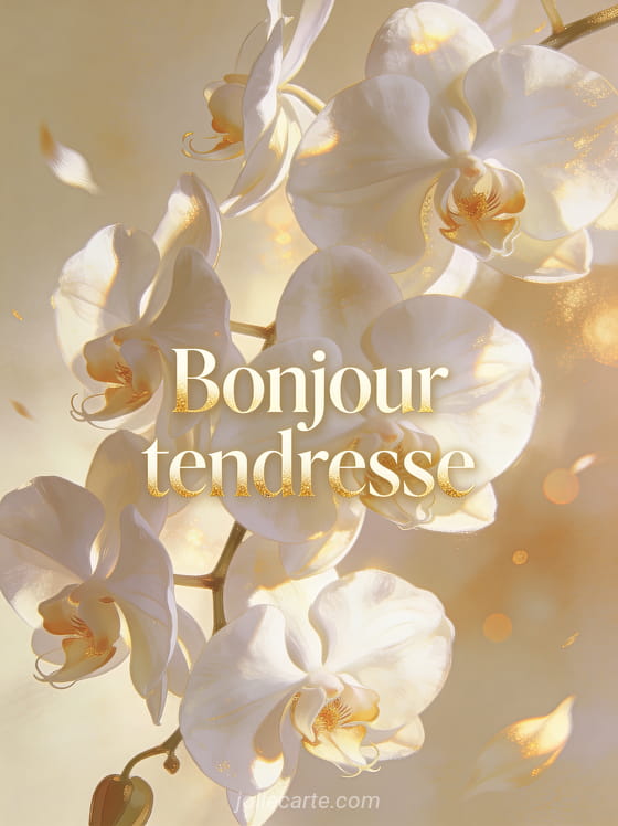 Orchidées blanches somptueuses sur fond crème avec reflets dorés et pétales emportés par le vent avec le texte Bonjour tendresse