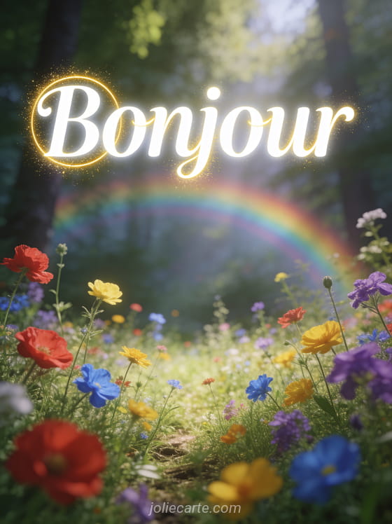 Clairière fleurie de fleurs sauvages multicolores avec arc-en-ciel en arrière-plan et le texte Bonjour en lettres blanches lumineuses