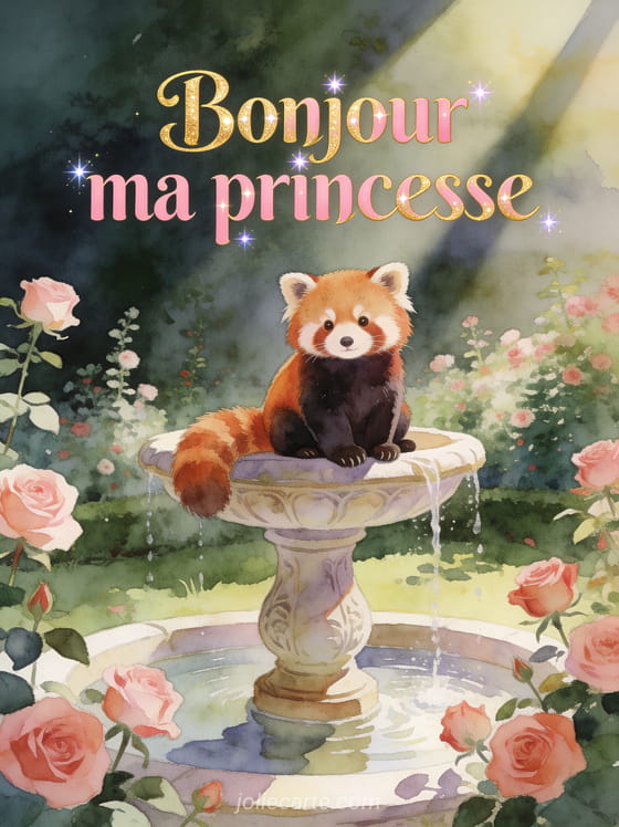 Fontaine ancienne entourée de roses dans un jardin romantique avec un panda roux en illustration aquarelle et le texte Bonjour ma princesse