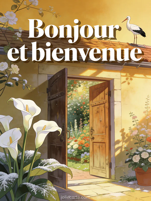 Porte ancienne en bois entrouverte sur un jardin fleuri avec une cigogne sur le toit et des arums blancs en illustration