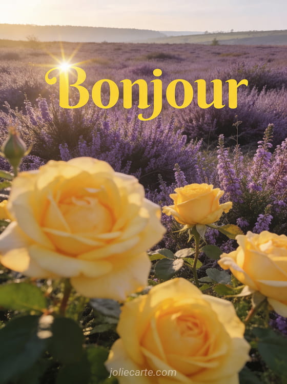 Lande de bruyère violette à perte de vue avec roses jaunes épanouies en premier plan et lumière de fin de matinée