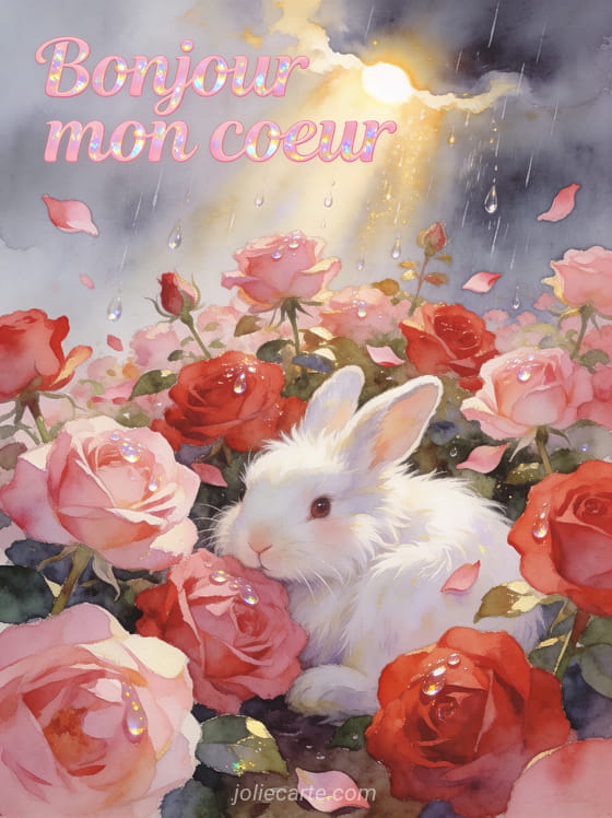 Roseraie en pleine floraison rose et rouge avec un lapin angora blanc en illustration aquarelle et lumière dorée après l'orage