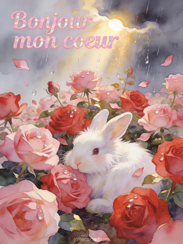 Roseraie en pleine floraison rose et rouge avec un lapin angora blanc en illustration aquarelle et lumière dorée après l'orage