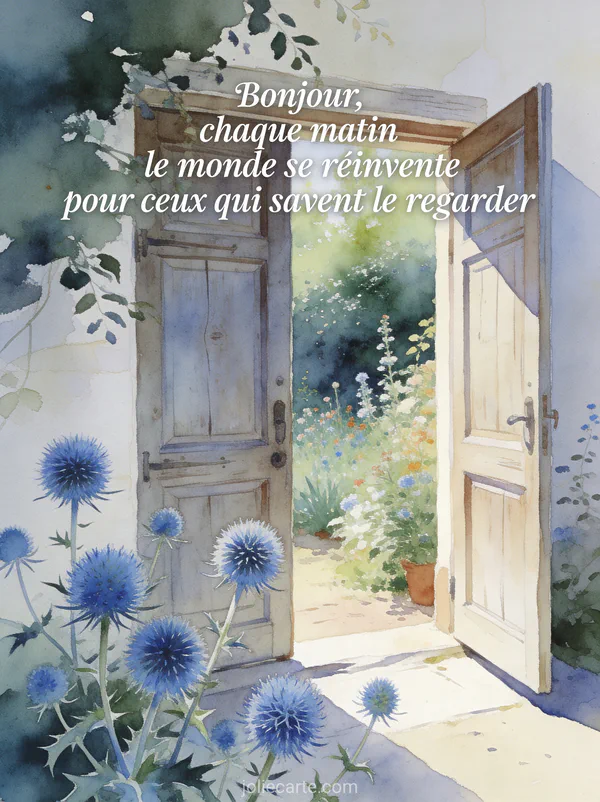 Porte ancienne en bois entrouverte sur un jardin fleuri avec chardons bleus en premier plan en illustration aquarelle poétique