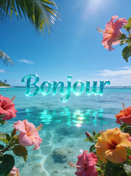 Lagune polynésienne avec eau turquoise transparente et roses trémières colorées sous un grand ciel bleu avec le texte Bonjour