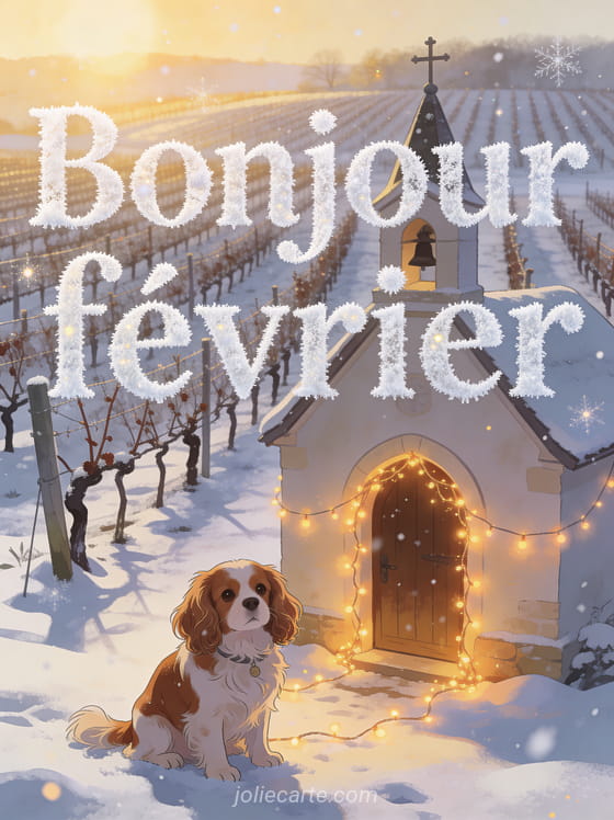 Chapelle au milieu des vignes sous un matin d'hiver avec un cavalier king charles dans la neige et guirlandes lumineuses en illustration