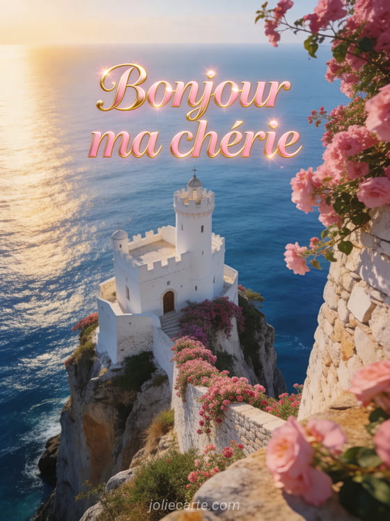 Château blanc avec bougainvilliers roses sur une falaise surplombant l'océan bleu profond avec lumière dorée du matin
