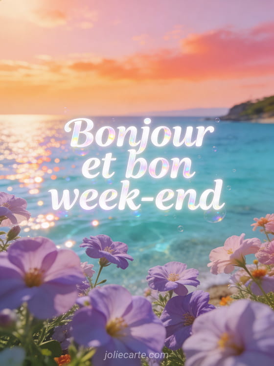 Baie turquoise scintillante avec fleurs pastel et violettes en premier plan sous un ciel orangé rosé de soirée d'été