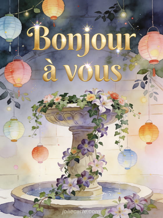 Fontaine ancienne couverte de lierre et de clématites avec lampions colorés suspendus en illustration aquarelle festive