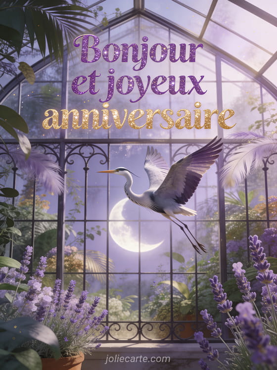 Serre tropicale avec verrière en fer forgé remplie de lavande et plantes luxuriantes avec grue cendrée en vol et croissant de lune en illustration