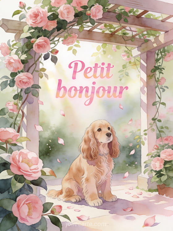 Pergola avec rosiers grimpants et camélias roses en floraison avec un cocker anglais en illustration aquarelle sous lumière printanière