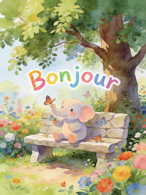 Banc en pierre sous un grand tilleul dans un jardin fleuri avec bébé éléphant jouant avec des papillons en illustration aquarelle enfantine