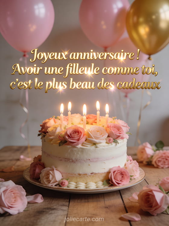 Gâteau d’anniversaire décoré de fleurs roses et bougies allumées avec ballons roses et dorés en arrière-plan