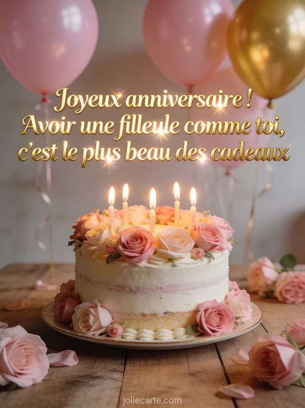 Gâteau d’anniversaire décoré de fleurs roses et bougies allumées avec ballons roses et dorés en arrière-plan