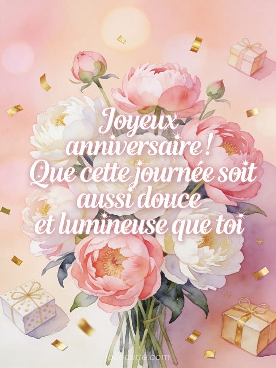 Bouquet de pivoines roses et blanches entouré de confettis dorés et petits cadeaux emballés sur fond pastel aquarelle