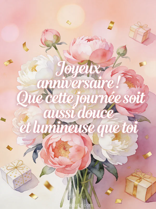 Bouquet de pivoines roses et blanches entouré de confettis dorés et petits cadeaux emballés sur fond pastel aquarelle