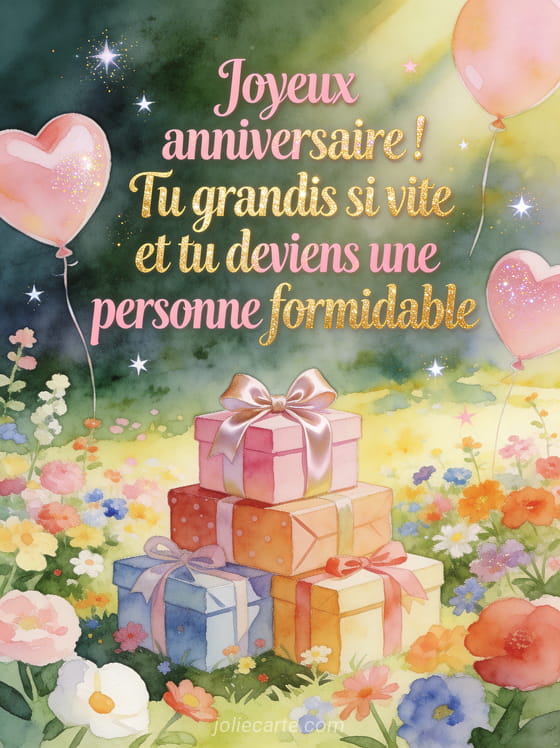 Pile de cadeaux colorés avec nœuds satin dans un jardin fleuri ensoleillé avec ballons en forme de cœur et étoiles scintillantes