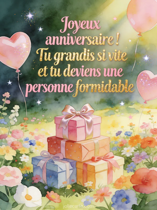 Pile de cadeaux colorés avec nœuds satin dans un jardin fleuri ensoleillé avec ballons en forme de cœur et étoiles scintillantes