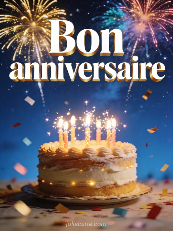 Feux d’artifice dorés et colorés dans un ciel étoilé avec gâteau d’anniversaire et bougies scintillantes au premier plan