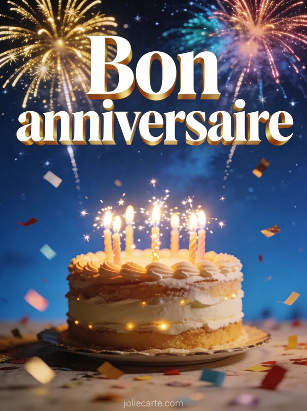 Feux d’artifice dorés et colorés dans un ciel étoilé avec gâteau d’anniversaire et bougies scintillantes au premier plan