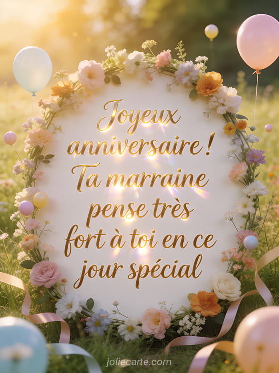 Couronne de fleurs champêtres entourant le texte avec petits ballons pastels et rubans sur fond de prairie ensoleillée