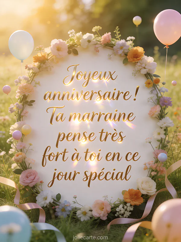Couronne de fleurs champêtres entourant le texte avec petits ballons pastels et rubans sur fond de prairie ensoleillée