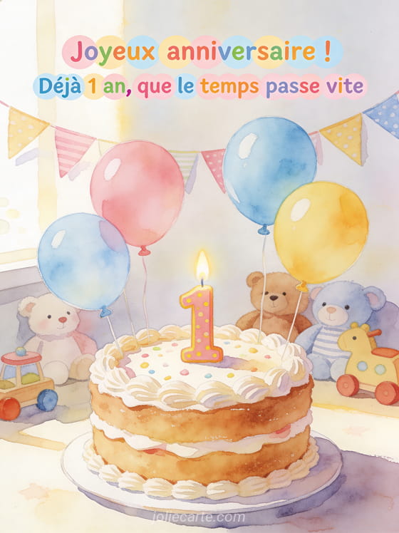 Gâteau d’anniversaire avec bougie en forme de chiffre 1, ballons colorés, peluches et guirlandes de fanions