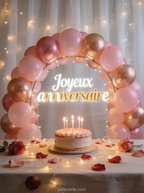 Arche de ballons roses et dorés encadrant un gâteau d’anniversaire avec bougies, pétales de roses sur la table et guirlandes lumineuses