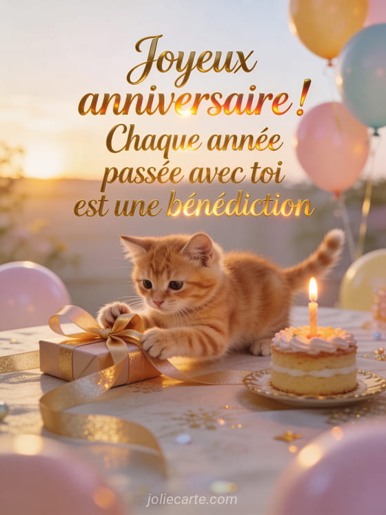 Chaton roux jouant avec un ruban de cadeau sur une table festive avec petit gâteau et ballons pastel dans la lumière du soleil couchant