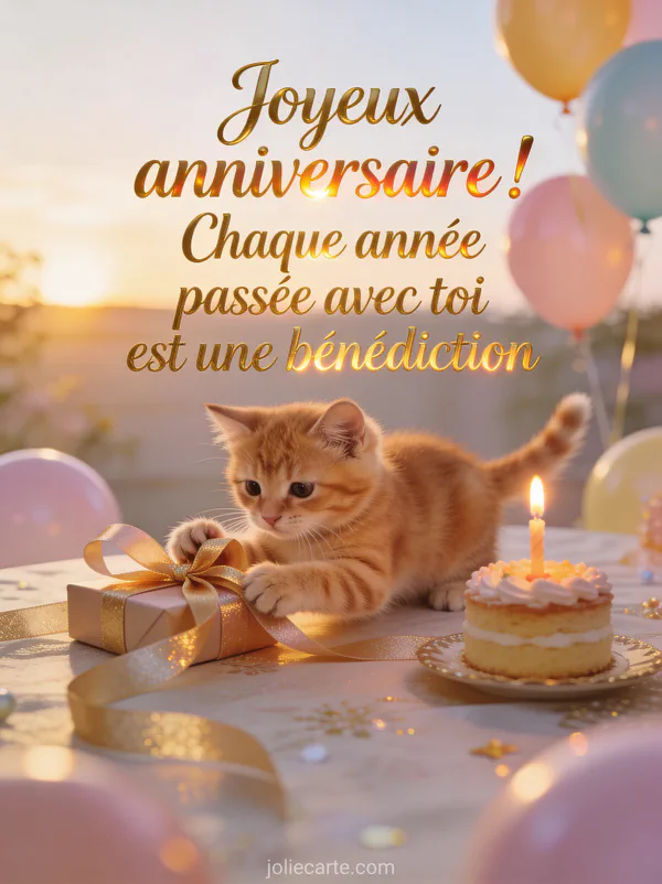 Chaton roux jouant avec un ruban de cadeau sur une table festive avec petit gâteau et ballons pastel dans la lumière du soleil couchant