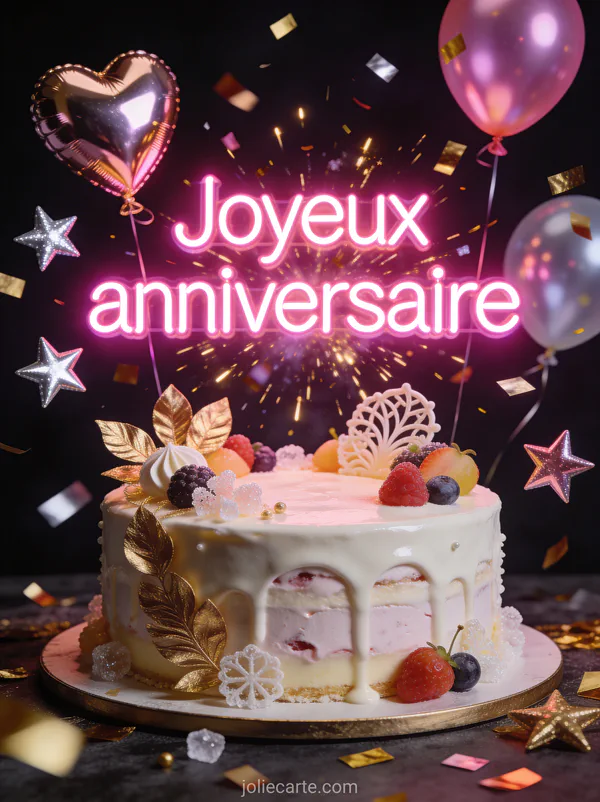 Lettres lumineuses néon rose sur fond sombre avec explosion de confettis dorés et ballons métalliques en forme de cœur et étoiles