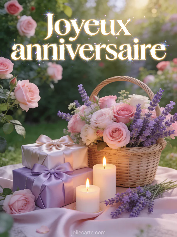 Panier de fleurs fraîches roses et lavande avec cadeaux emballés et bougies d’anniversaire dans un jardin avec rosiers en fleurs