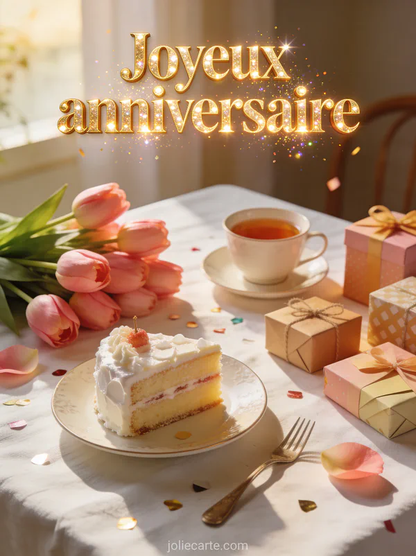 Table de petit-déjeuner festive avec gâteau d’anniversaire, tasse de thé, bouquet de tulipes roses et petits cadeaux emballés