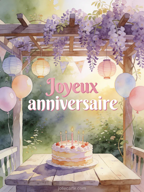 Pergola en bois décorée de glycine mauve et lampions avec gâteau d’anniversaire et ballons pastels dans une lumière estivale