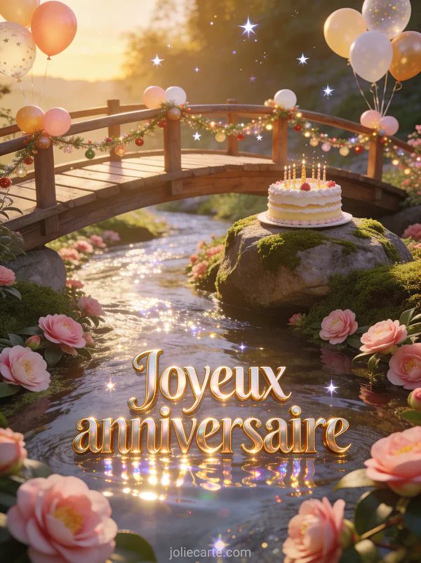 Rivière scintillante bordée de camélias roses avec pont de bois décoré de ballons et gâteau d’anniversaire sur un rocher couvert de mousse