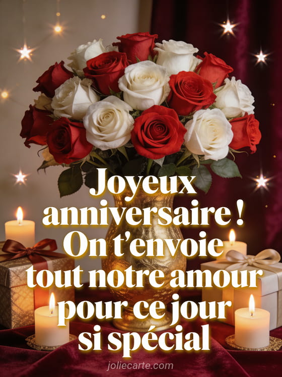 Grand bouquet de roses rouges et blanches dans un vase doré entouré de cadeaux emballés et bougies d’anniversaire sur fond velours bordeaux