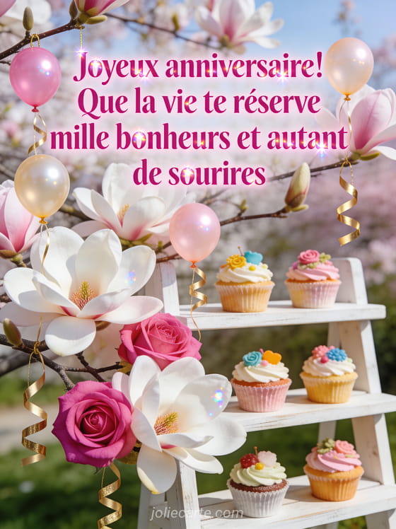 Magnolia en fleurs blanc et rose en gros plan avec petits ballons et rubans dorés et cupcakes décorés dans une lumière printanière