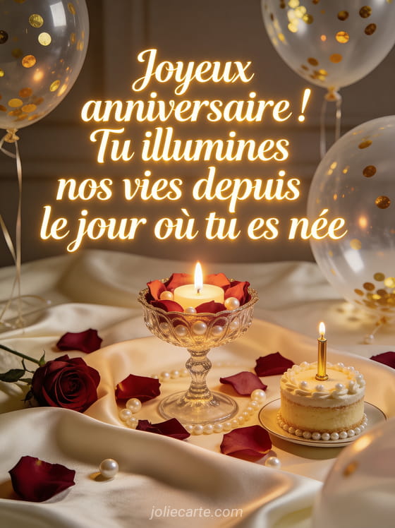 Bougeoir élégant avec bougie allumée entouré de pétales de roses et perles sur tissu satin ivoire avec ballons transparents et confettis dorés