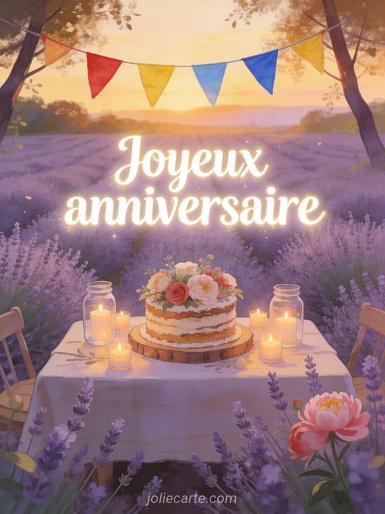 Champ de lavande au coucher du soleil avec table de fête champêtre, bougies dans des bocaux, gâteau d’anniversaire rustique et fanions colorés